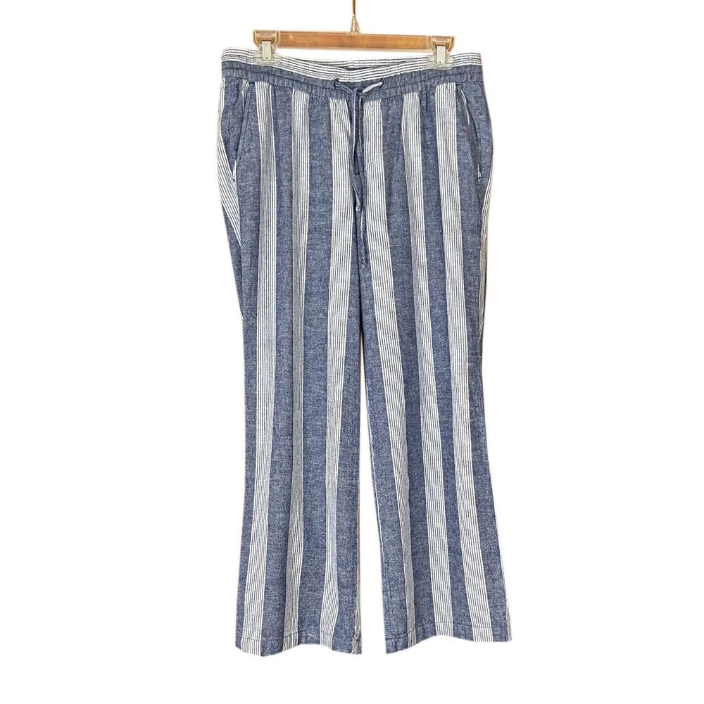 Old Navy Women's Wide Leg Pull-on Pants Size M Linen Blend Navy Stripe Pockets